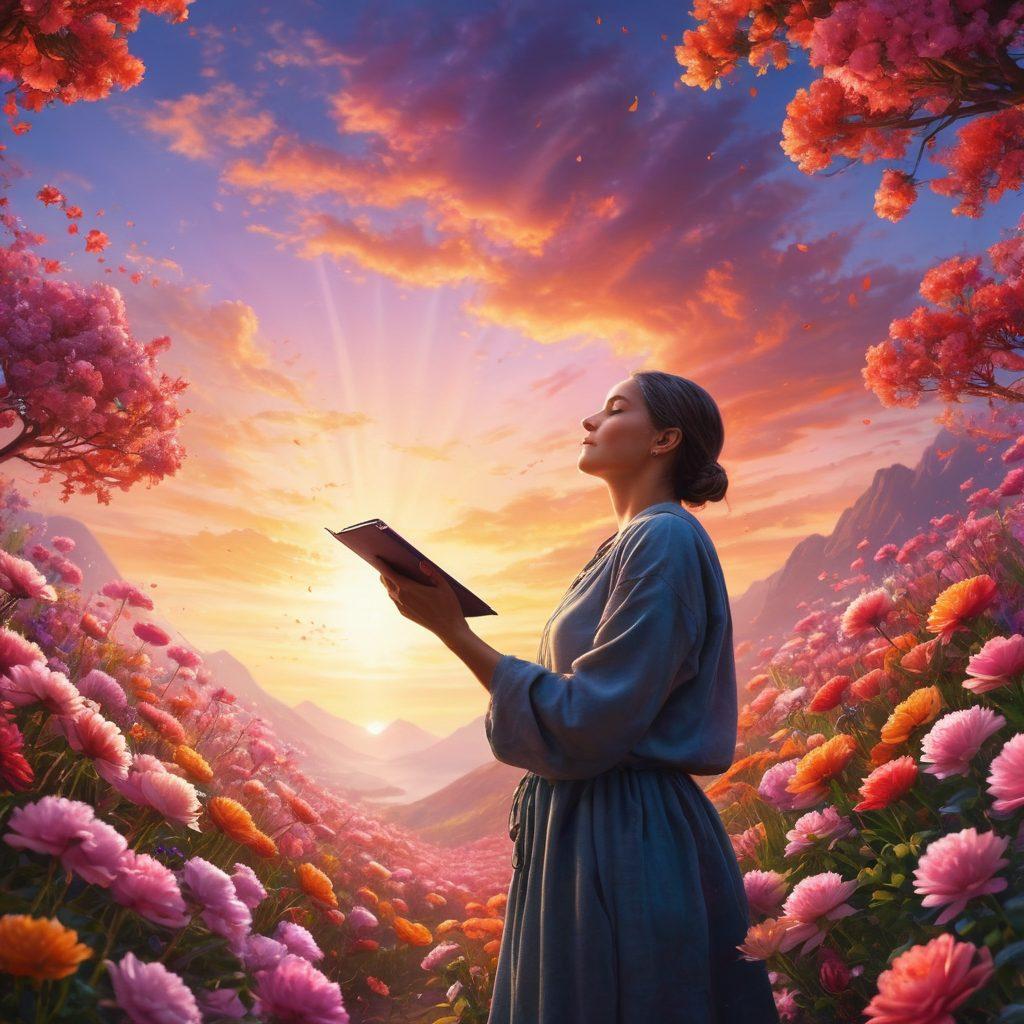 A powerful transformation scene depicting a cancer survivor standing tall amidst a backdrop of blooming flowers and a radiant sunrise, symbolizing hope and resilience. The survivor is holding a pen and a notebook, showcasing the art of storytelling. Soft, warm colors radiate around the subject to evoke empowerment and positivity. Include subtle elements of support, like comforting hands reaching out in the background. super-realistic. vibrant colors. uplifting atmosphere.
