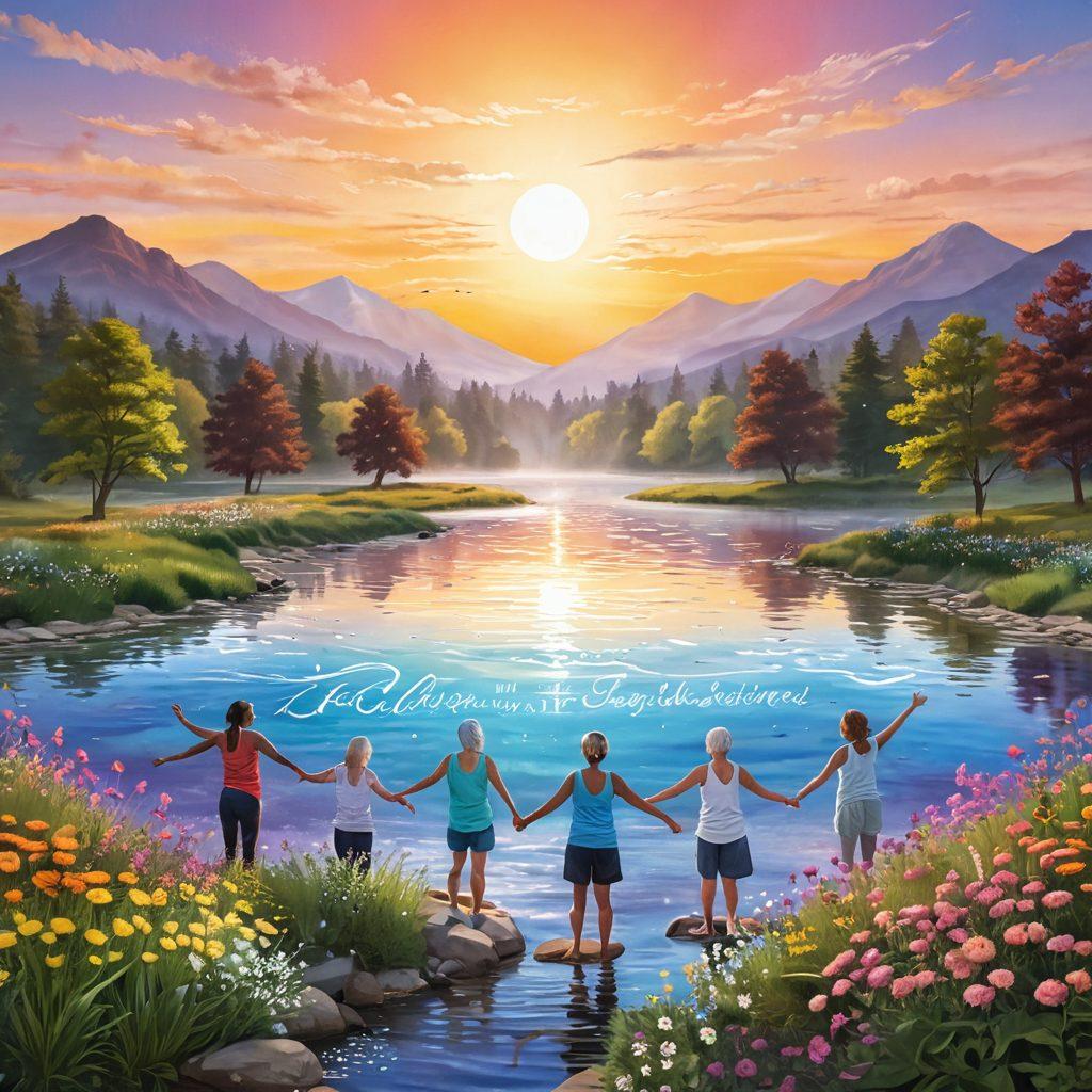 A serene landscape featuring a sunrise symbolizing hope, with a diverse group of cancer survivors standing together, their expressions radiating strength and resilience. Surround them with elements representing wellness, like blooming flowers and flowing water. Include uplifting quotes in a gentle, swirling typography around them. Soft, warm colors dominate the scene for an inspiring feel. super-realistic. vibrant colors. peaceful background.