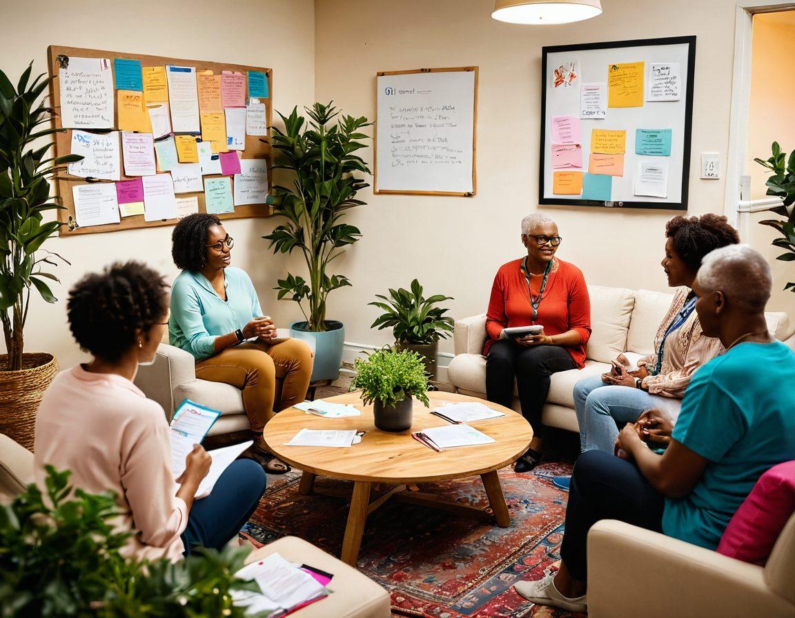 A diverse group of cancer survivors engaging in a cozy support group circle, surrounded by plants and warm lighting, sharing educational materials like pamphlets and wellness tools. A whiteboard with colorful notes and uplifting quotes in the background. Visual elements reflecting hope, resilience, and community connection. warm colors. soft-focus. vibrant art style.